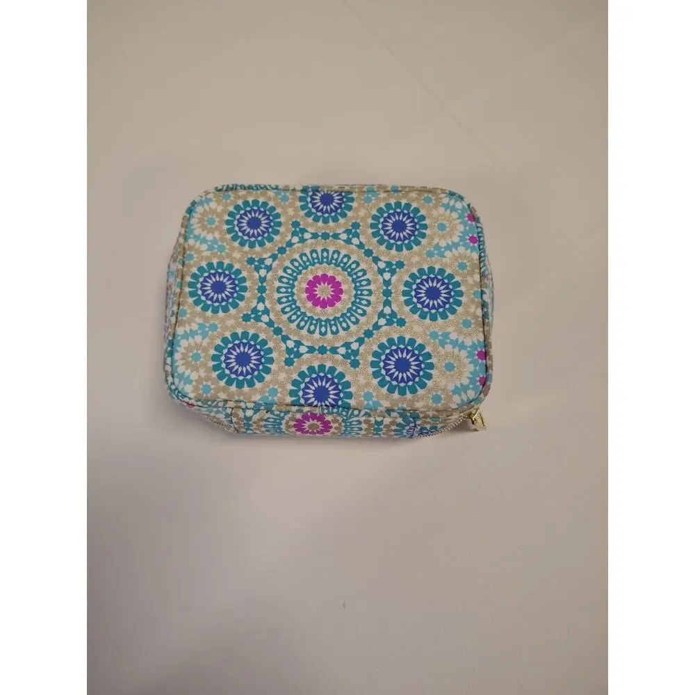 Estee Lauder Makeup Cosmetic Bag Mandala Print Square Blue Gold Pink
